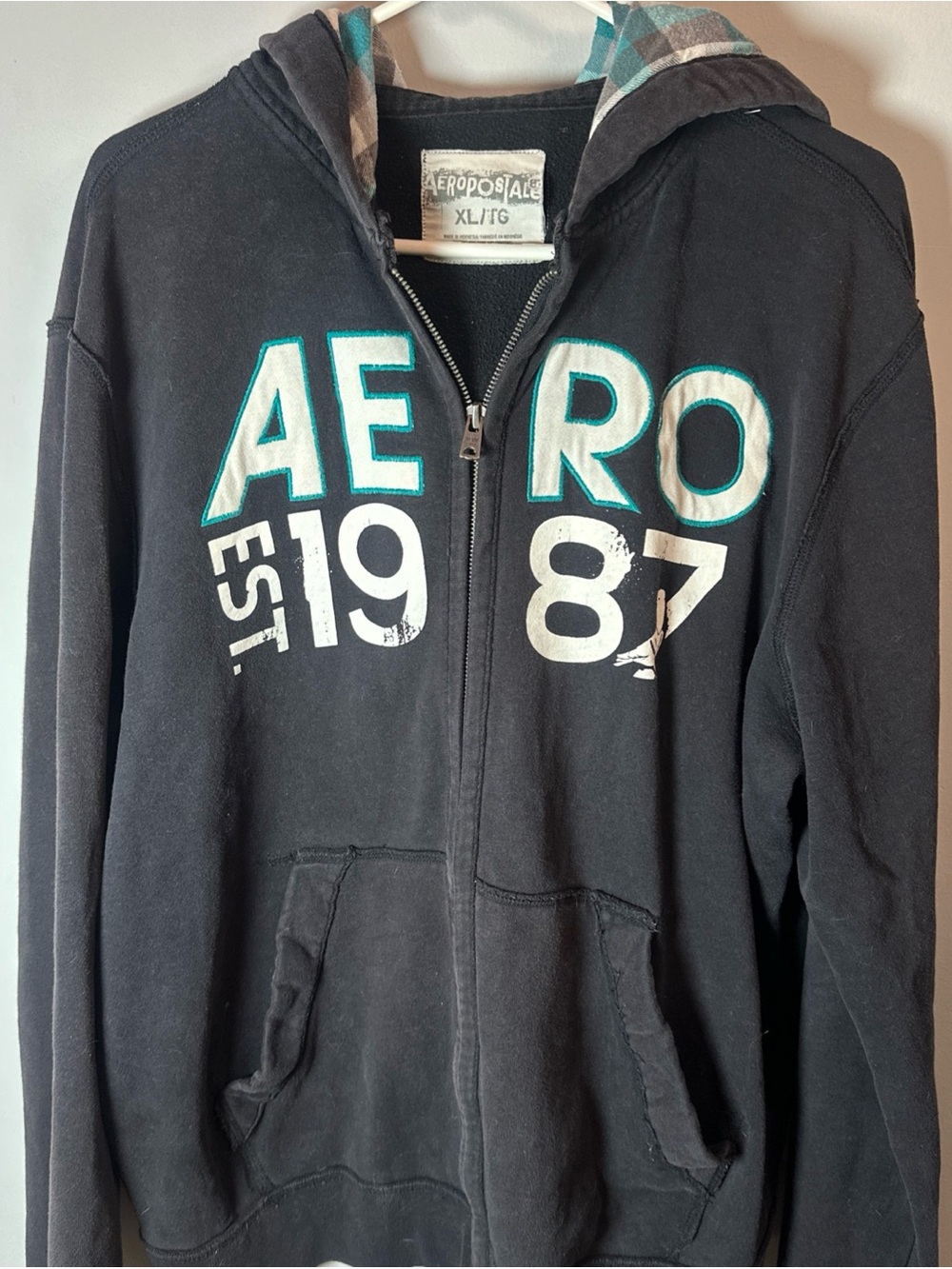 Aeropostale Black Zip-Up Sweater with Teal and White Lettering
